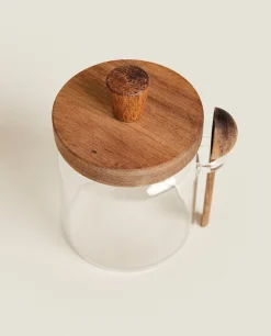 Borosilicate Glass And Wooden Sugar Bowl