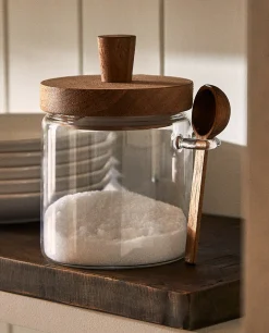 Borosilicate Glass And Wooden Sugar Bowl