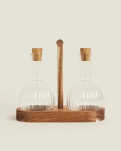 Bososilicate Glass And Wood Cruet Set