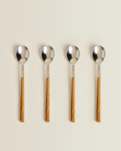 Box Of 4 Dessert Spoons With Wood Pattern Handle