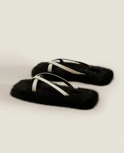 Faux Fur Slippers With Contrast Straps