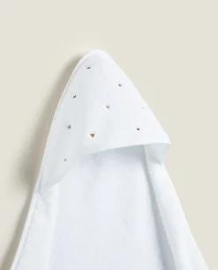 Hooded Baby Towel With Embroidered Hearts