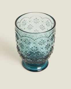 Raised Floral Design Glass Tumbler