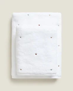 Towel With Embroidered Hearts